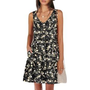 ANRABESS Womens Summer Casual Tank Dress Sleeveless V Neck T Shirt Sundress Flowy Tiered Swing Mini Beach Vacation Dresses(Black Floral)