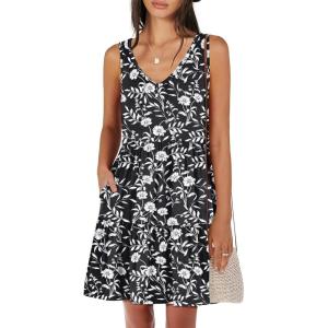 ANRABESS Womens Summer Casual Tank Dress Sleeveless V Neck T Shirt Sundress Flowy Tiered Swing Mini Beach Vacation Dresses(Black White Floral)