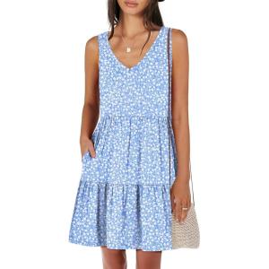 ANRABESS Womens Summer Casual Tank Dress Sleeveless V Neck T Shirt Sundress Flowy Tiered Swing Mini Beach Vacation Dresses(Blue White Floral)