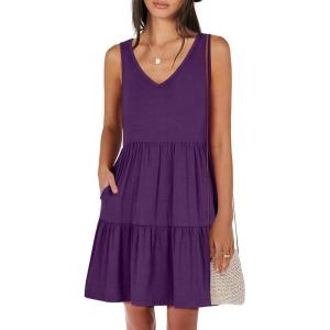 ANRABESS Womens Summer Casual Tank Dress Sleeveless V Neck T Shirt Sundress Flowy Tiered Swing Mini Beach Vacation Dresses(Deep Purple)