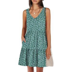 ANRABESS Womens Summer Casual Tank Dress Sleeveless V Neck T Shirt Sundress Flowy Tiered Swing Mini Beach Vacation Dresses(Green Floral)