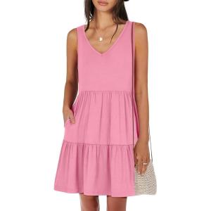 ANRABESS Womens Summer Casual Tank Dress Sleeveless V Neck T Shirt Sundress Flowy Tiered Swing Mini Beach Vacation Dresses(Pink)