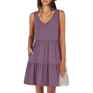 ANRABESS Womens Summer Casual Tank Dress Sleeveless V Neck T Shirt Sundress Flowy Tiered Swing Mini Beach Vacation Dresses(Purple)