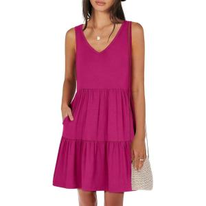 ANRABESS Womens Summer Casual Tank Dress Sleeveless V Neck T Shirt Sundress Flowy Tiered Swing Mini Beach Vacation Dresses(Rose)