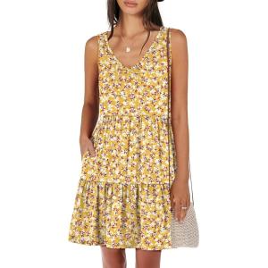 ANRABESS Womens Summer Casual Tank Dress Sleeveless V Neck T Shirt Sundress Flowy Tiered Swing Mini Beach Vacation Dresses(Yellow Floral)