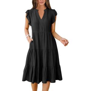 ANRABESS Womens Summer Dress Ruffle Sleeve V Neck Midi Dresses Fashion Casual Fit Flowy Tiered Boho Beach Vacation Sundress(Black)