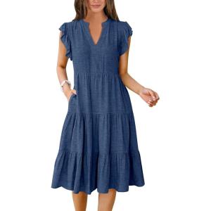 ANRABESS Womens Summer Dress Ruffle Sleeve V Neck Midi Dresses Fashion Casual Fit Flowy Tiered Boho Beach Vacation Sundress(Blue)
