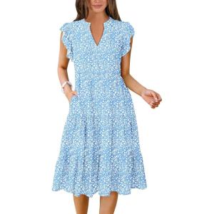 ANRABESS Womens Summer Dress Ruffle Sleeve V Neck Midi Dresses Fashion Casual Fit Flowy Tiered Boho Beach Vacation Sundress(Blue Floral)