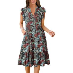 ANRABESS Womens Summer Dress Ruffle Sleeve V Neck Midi Dresses Fashion Casual Fit Flowy Tiered Boho Beach Vacation Sundress(Blue Red Floral)