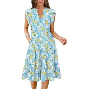 ANRABESS Womens Summer Dress Ruffle Sleeve V Neck Midi Dresses Fashion Casual Fit Flowy Tiered Boho Beach Vacation Sundress(Blue Yellow Floral)