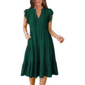 ANRABESS Womens Summer Dress Ruffle Sleeve V Neck Midi Dresses Fashion Casual Fit Flowy Tiered Boho Beach Vacation Sundress(Deep Green)