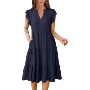 ANRABESS Womens Summer Dress Ruffle Sleeve V Neck Midi Dresses Fashion Casual Fit Flowy Tiered Boho Beach Vacation Sundress(Deep Navy Blue)