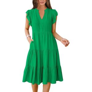 ANRABESS Womens Summer Dress Ruffle Sleeve V Neck Midi Dresses Fashion Casual Fit Flowy Tiered Boho Beach Vacation Sundress(Forest)