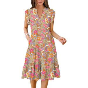 ANRABESS Womens Summer Dress Ruffle Sleeve V Neck Midi Dresses Fashion Casual Fit Flowy Tiered Boho Beach Vacation Sundress(Grey Pink Floral)