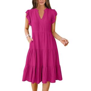 ANRABESS Womens Summer Dress Ruffle Sleeve V Neck Midi Dresses Fashion Casual Fit Flowy Tiered Boho Beach Vacation Sundress(Hot Pink)