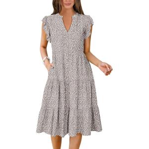ANRABESS Womens Summer Dress Ruffle Sleeve V Neck Midi Dresses Fashion Casual Fit Flowy Tiered Boho Beach Vacation Sundress(Khaki Polka Dot)