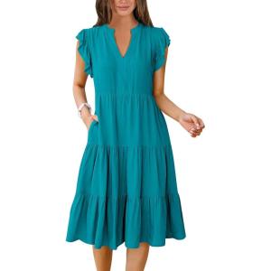 ANRABESS Womens Summer Dress Ruffle Sleeve V Neck Midi Dresses Fashion Casual Fit Flowy Tiered Boho Beach Vacation Sundress(Lake Green)
