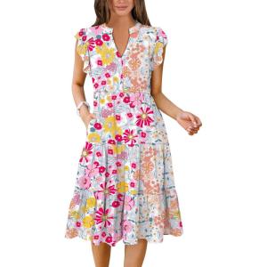 ANRABESS Womens Summer Dress Ruffle Sleeve V Neck Midi Dresses Fashion Casual Fit Flowy Tiered Boho Beach Vacation Sundress(Multicolour Floral)
