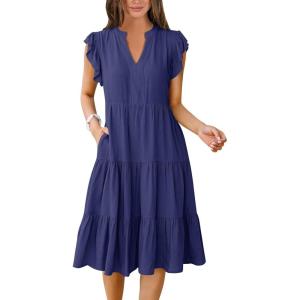 ANRABESS Womens Summer Dress Ruffle Sleeve V Neck Midi Dresses Fashion Casual Fit Flowy Tiered Boho Beach Vacation Sundress(Navy Blue)