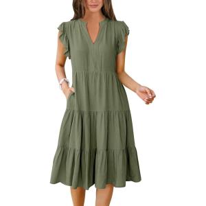 ANRABESS Womens Summer Dress Ruffle Sleeve V Neck Midi Dresses Fashion Casual Fit Flowy Tiered Boho Beach Vacation Sundress(Olive)