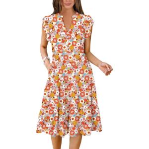 ANRABESS Womens Summer Dress Ruffle Sleeve V Neck Midi Dresses Fashion Casual Fit Flowy Tiered Boho Beach Vacation Sundress(Orange Floral)