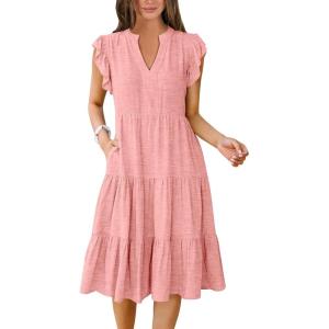 ANRABESS Womens Summer Dress Ruffle Sleeve V Neck Midi Dresses Fashion Casual Fit Flowy Tiered Boho Beach Vacation Sundress(Peach)
