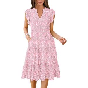 ANRABESS Womens Summer Dress Ruffle Sleeve V Neck Midi Dresses Fashion Casual Fit Flowy Tiered Boho Beach Vacation Sundress(Pink Floral)