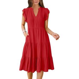 ANRABESS Womens Summer Dress Ruffle Sleeve V Neck Midi Dresses Fashion Casual Fit Flowy Tiered Boho Beach Vacation Sundress(Red)