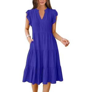 ANRABESS Womens Summer Dress Ruffle Sleeve V Neck Midi Dresses Fashion Casual Fit Flowy Tiered Boho Beach Vacation Sundress(Royal Blue)