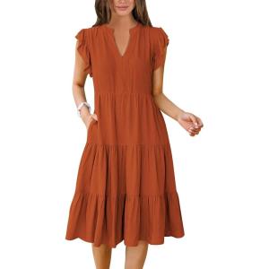 ANRABESS Womens Summer Dress Ruffle Sleeve V Neck Midi Dresses Fashion Casual Fit Flowy Tiered Boho Beach Vacation Sundress(Rust)