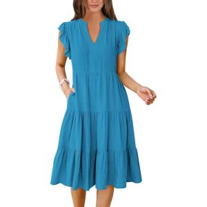 ANRABESS Womens Summer Dress Ruffle Sleeve V Neck Midi Dresses Fashion Casual Fit Flowy Tiered Boho Beach Vacation Sundress(Sky Blue)