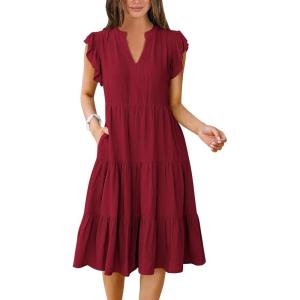 ANRABESS Womens Summer Dress Ruffle Sleeve V Neck Midi Dresses Fashion Casual Fit Flowy Tiered Boho Beach Vacation Sundress(Wine Red)