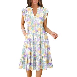 ANRABESS Womens Summer Dress Ruffle Sleeve V Neck Midi Dresses Fashion Casual Fit Flowy Tiered Boho Beach Vacation Sundress(Yellow Purple Floral)