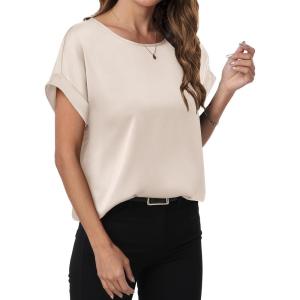 ANRABESS Women’s Summer Dressy Casual Short Sleeve Shirts Crewneck Satin 2025 Business Office Work Blouse Tops(Almond)