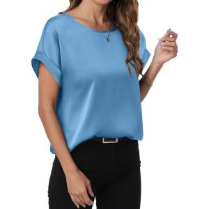 ANRABESS Women’s Summer Dressy Casual Short Sleeve Shirts Crewneck Satin 2025 Business Office Work Blouse Tops(Blue)