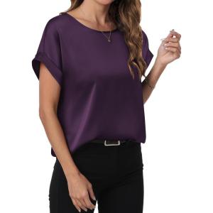 ANRABESS Women’s Summer Dressy Casual Short Sleeve Shirts Crewneck Satin 2025 Business Office Work Blouse Tops(Dark Purple)
