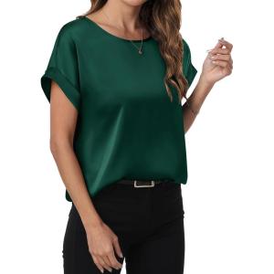 ANRABESS Women’s Summer Dressy Casual Short Sleeve Shirts Crewneck Satin 2025 Business Office Work Blouse Tops(Green)