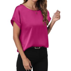 ANRABESS Women’s Summer Dressy Casual Short Sleeve Shirts Crewneck Satin 2025 Business Office Work Blouse Tops(Hot Pink)
