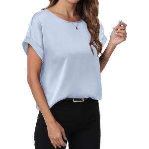 ANRABESS Women’s Summer Dressy Casual Short Sleeve Shirts Crewneck Satin 2025 Business Office Work Blouse Tops(Light Blue)
