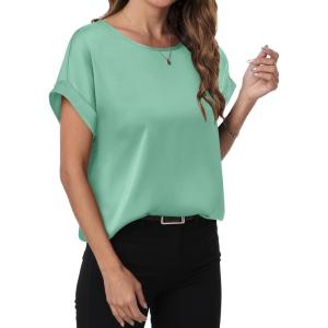 ANRABESS Women’s Summer Dressy Casual Short Sleeve Shirts Crewneck Satin 2025 Business Office Work Blouse Tops(Light Green)