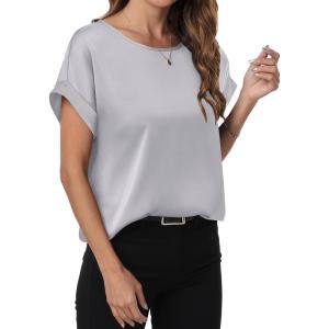 ANRABESS Women’s Summer Dressy Casual Short Sleeve Shirts Crewneck Satin 2025 Business Office Work Blouse Tops(Light Grey)