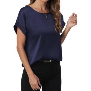 ANRABESS Women’s Summer Dressy Casual Short Sleeve Shirts Crewneck Satin 2025 Business Office Work Blouse Tops(Navy Blue)