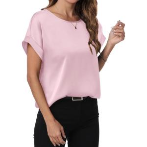 ANRABESS Women’s Summer Dressy Casual Short Sleeve Shirts Crewneck Satin 2025 Business Office Work Blouse Tops(Pink)