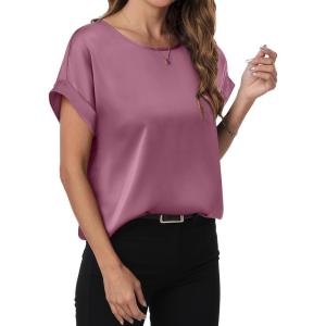 ANRABESS Women’s Summer Dressy Casual Short Sleeve Shirts Crewneck Satin 2025 Business Office Work Blouse Tops(Pink Purple)