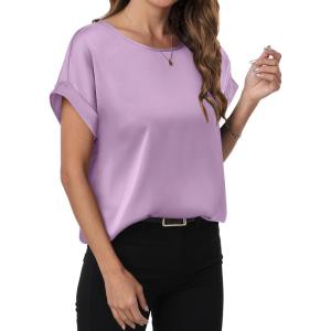 ANRABESS Women’s Summer Dressy Casual Short Sleeve Shirts Crewneck Satin 2025 Business Office Work Blouse Tops(Purple)