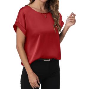 ANRABESS Women’s Summer Dressy Casual Short Sleeve Shirts Crewneck Satin 2025 Business Office Work Blouse Tops(Red)