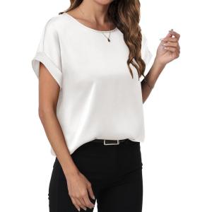 ANRABESS Women’s Summer Dressy Casual Short Sleeve Shirts Crewneck Satin 2025 Business Office Work Blouse Tops(White)