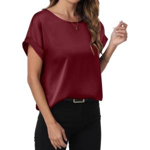 ANRABESS Women’s Summer Dressy Casual Short Sleeve Shirts Crewneck Satin 2025 Business Office Work Blouse Tops(Wine Red)