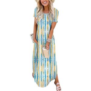 ANRABESS Womens Summer Maxi Dress Short Sleeve Casual Loose Long T Shirt Dresses Split Vacation Beach Sundress Travel Outfits(Blue Ooange Ripples)