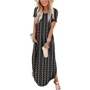 ANRABESS Womens Summer Maxi Dress Short Sleeve Casual Loose Long T Shirt Dresses Split Vacation Beach Sundress Travel Outfits(Boho Black)